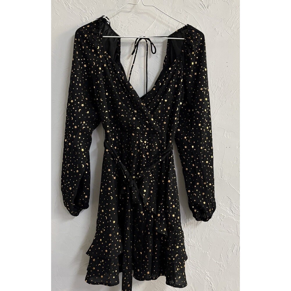 mi ami for francesca's Black/Gold Star Wrap V-Neck Long Sleeve Mini Dress XS